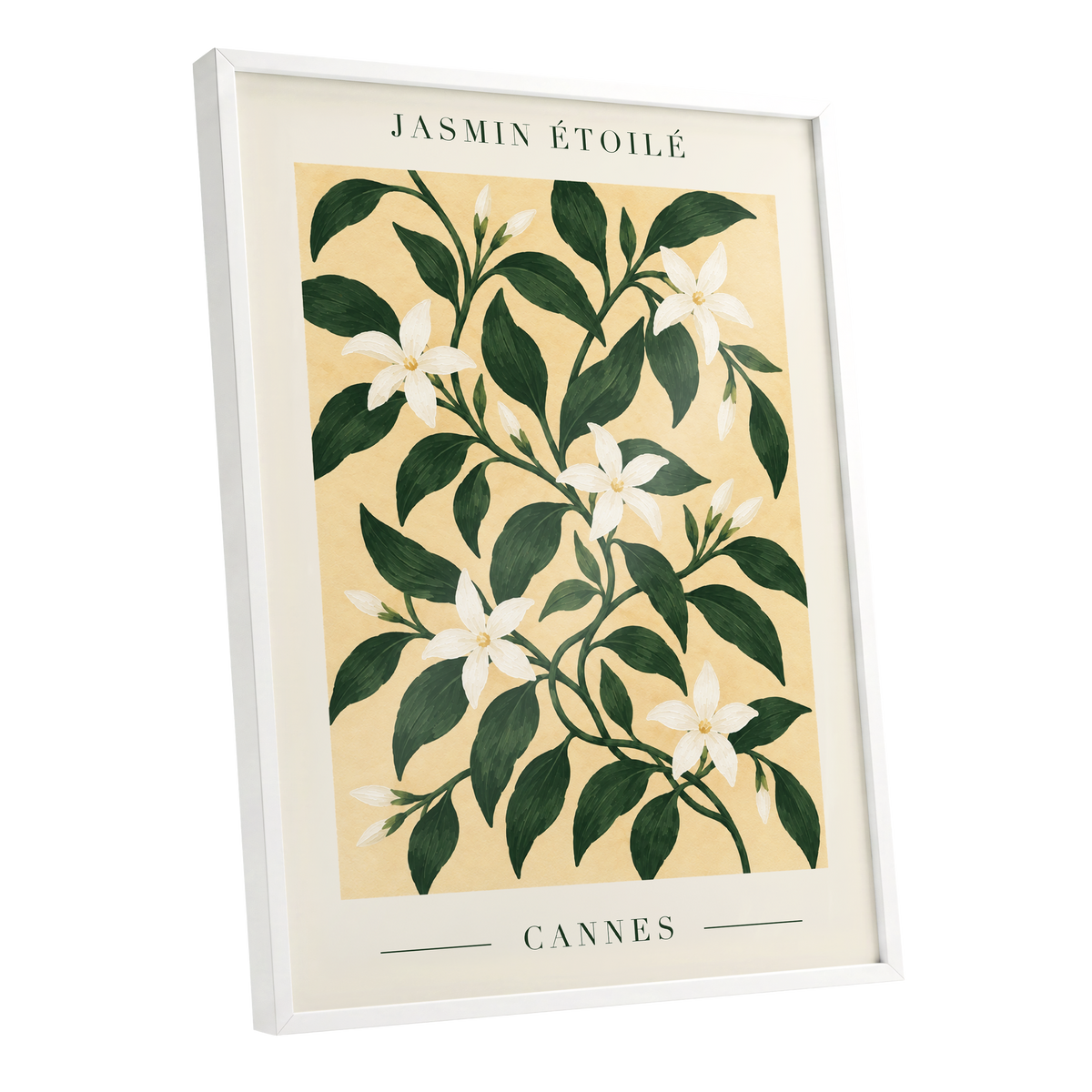 Cannes Jasmine Flourish, green, beige, white floral wall art shown as a white framed poster wall art print