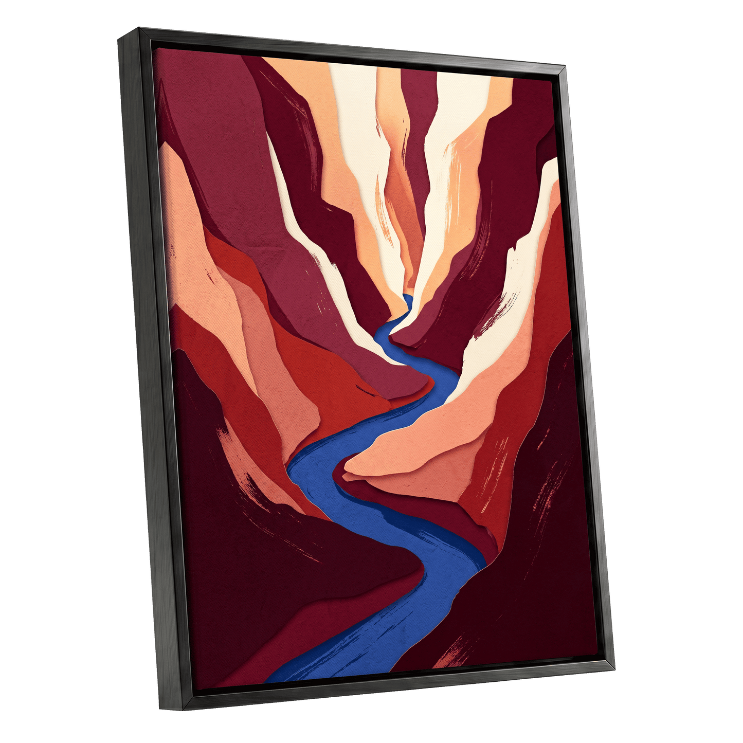 Canyon Current, red, orange, blue nature wall art shown as a black framed canvas wall art