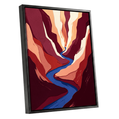Canyon Current, red, orange, blue nature wall art shown as a black framed canvas wall art
