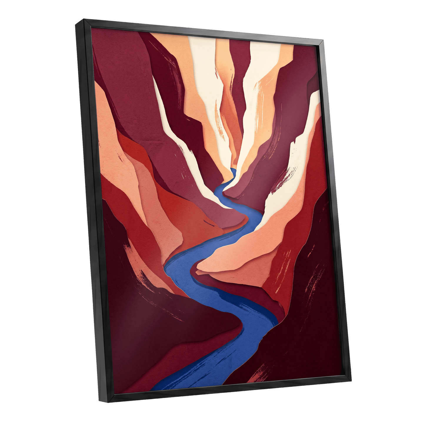 Canyon Current, red, orange, blue nature wall art shown as a black framed poster wall art print