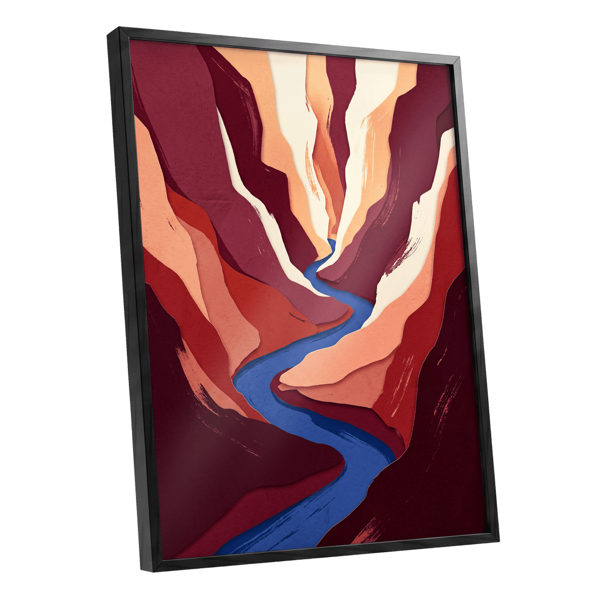 Canyon Current, red, orange, blue nature wall art shown as a black framed poster wall art print