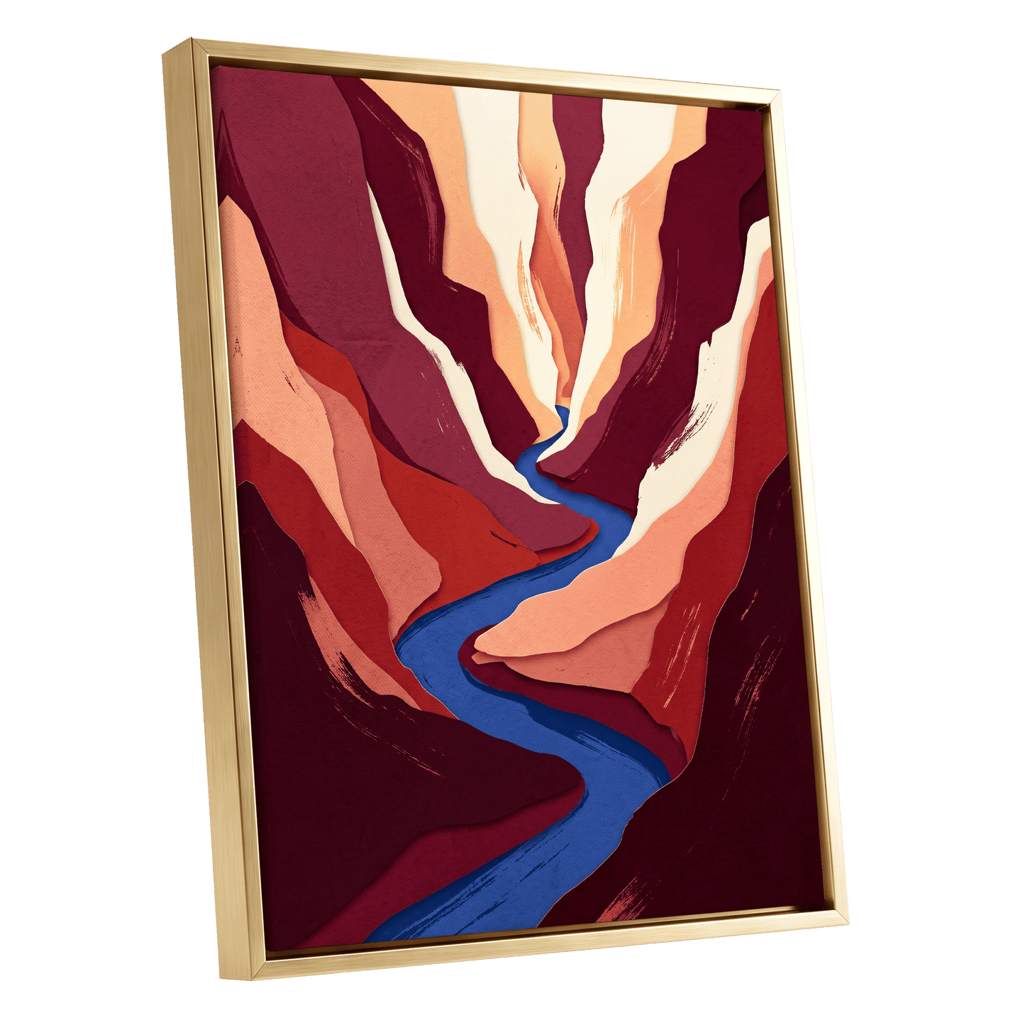 Canyon Current, red, orange, blue nature wall art shown as a gold framed canvas wall art