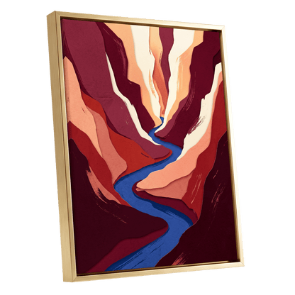 Canyon Current, red, orange, blue nature wall art shown as a gold framed canvas wall art