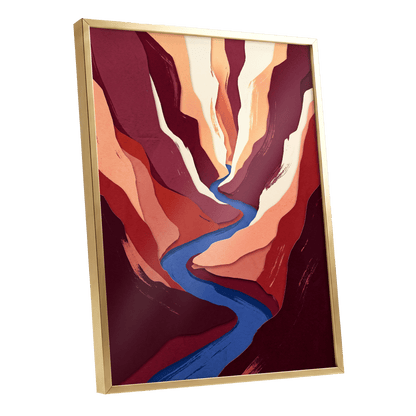 Canyon Current, red, orange, blue nature wall art shown as a gold framed poster wall art print
