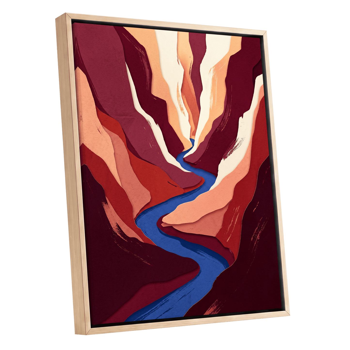 Canyon Current, red, orange, blue nature wall art shown as a oak framed canvas wall art