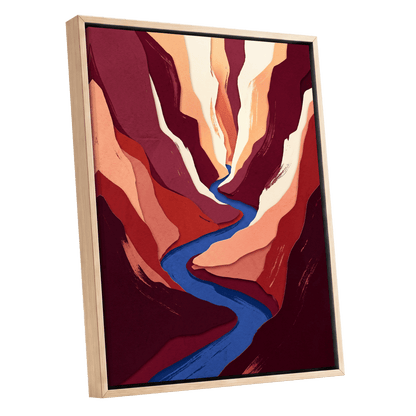 Canyon Current, red, orange, blue nature wall art shown as a oak framed canvas wall art