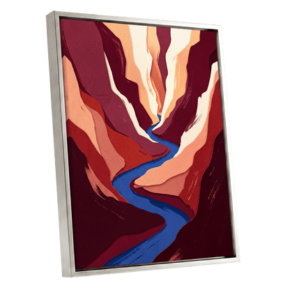 Canyon Current, red, orange, blue nature wall art shown as a silver framed canvas wall art