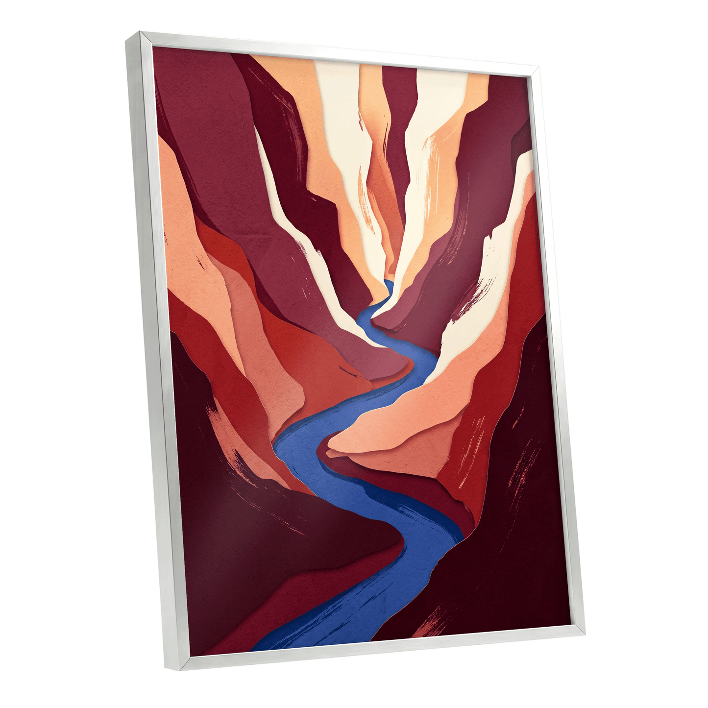 Canyon Current, red, orange, blue nature wall art shown as a silver framed poster wall art print