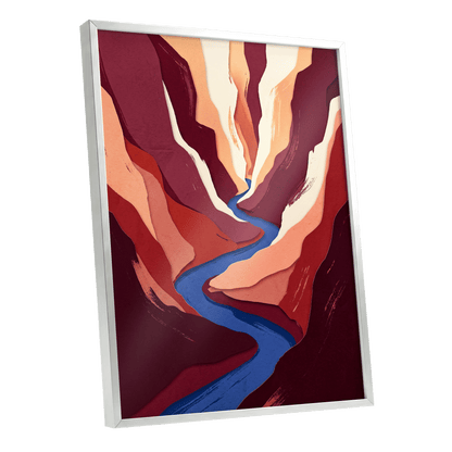Canyon Current, red, orange, blue nature wall art shown as a silver framed poster wall art print