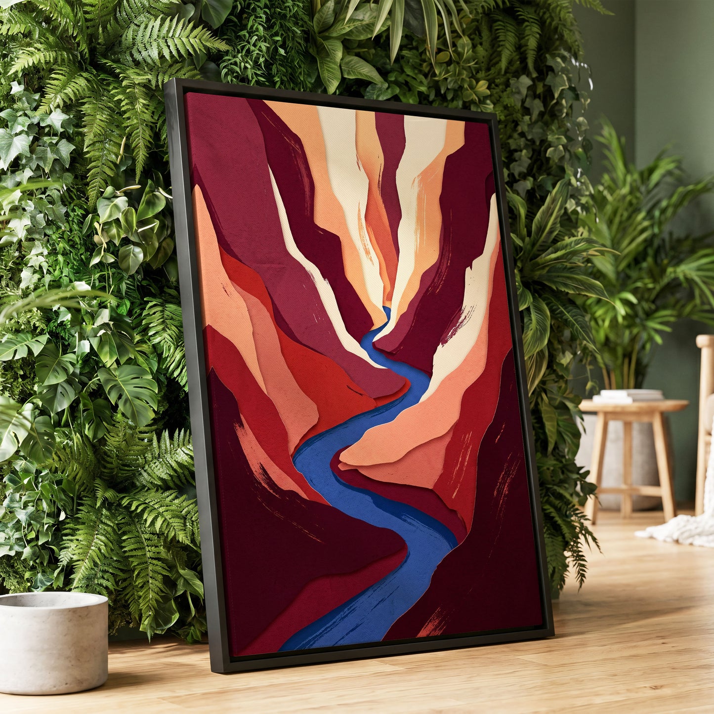Canyon Current, red, orange, blue nature wall art displayed in a styled interior, gallery view 1