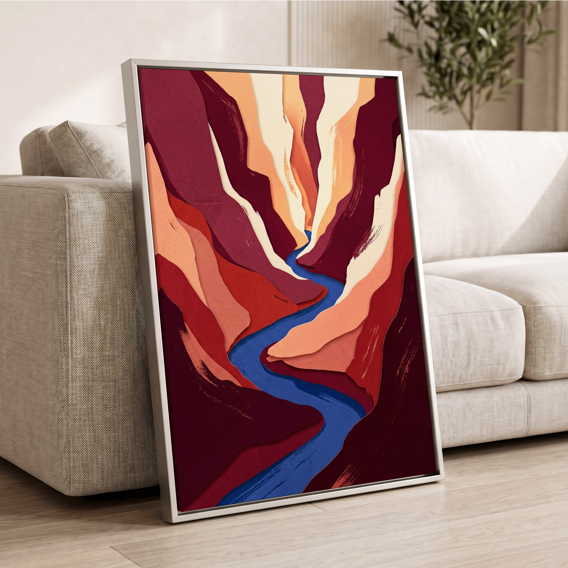 Canyon Current, red, orange, blue nature wall art displayed in a styled interior, gallery view 2
