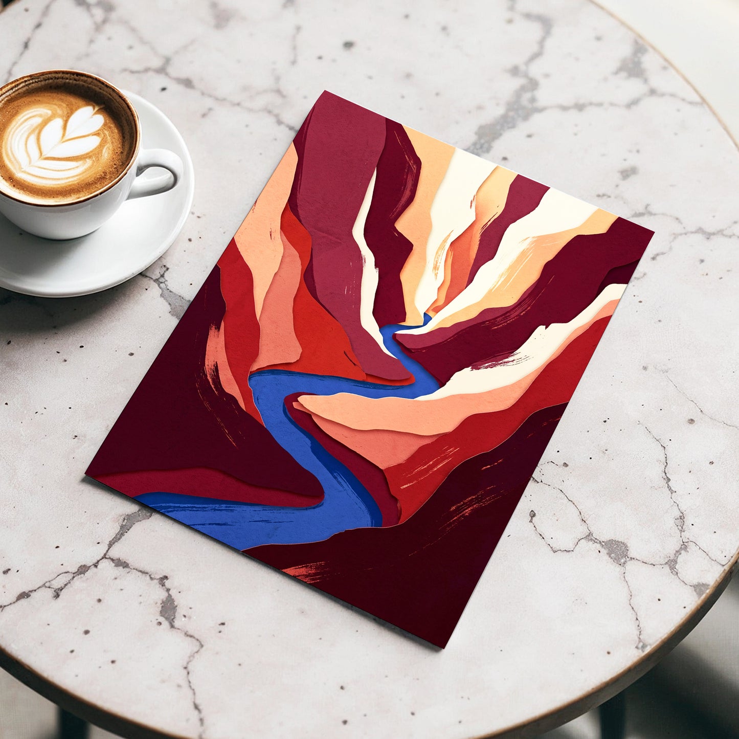 Canyon Current, red, orange, blue nature wall art displayed in a styled interior, gallery view 3