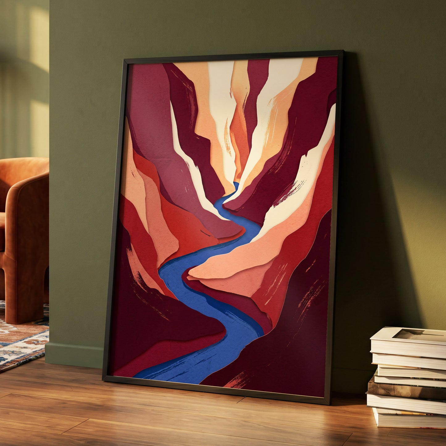 Canyon Current, red, orange, blue nature wall art displayed in a styled interior, gallery view 4