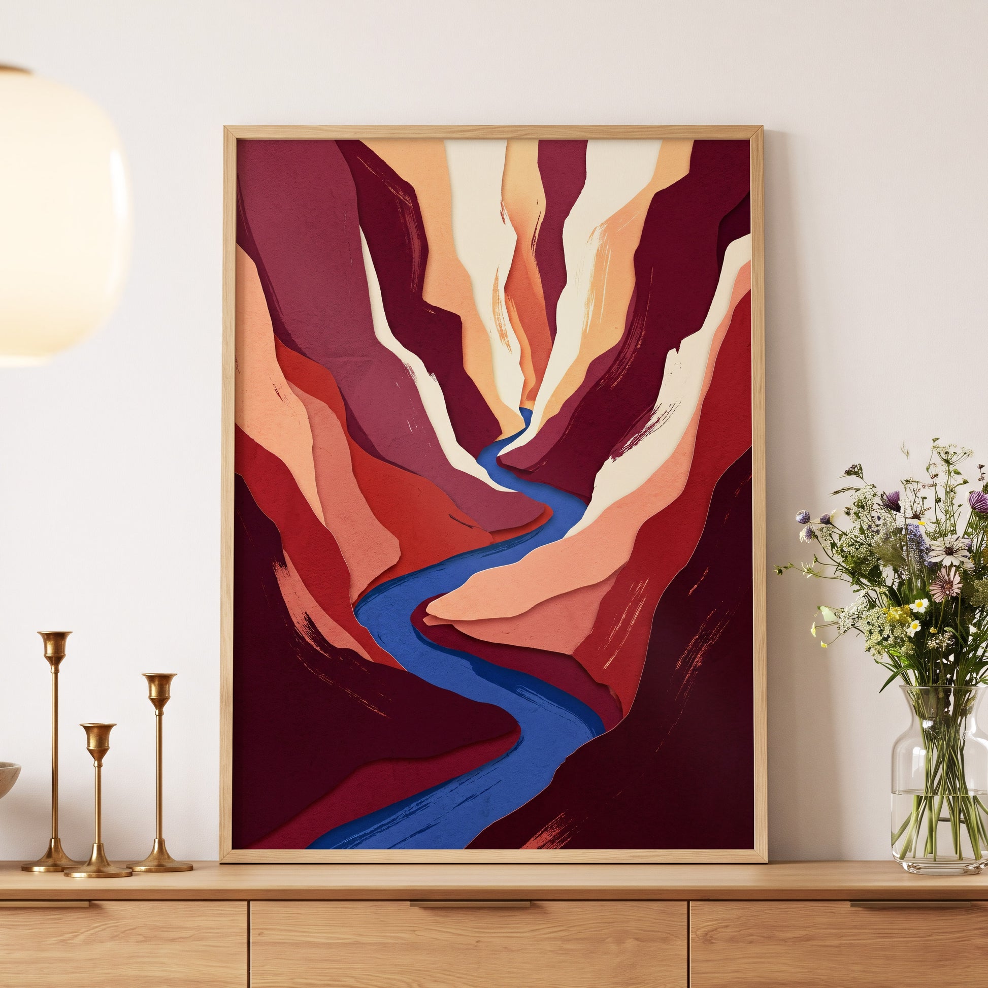 Canyon Current, red, orange, blue nature wall art displayed in a styled interior, gallery view 5