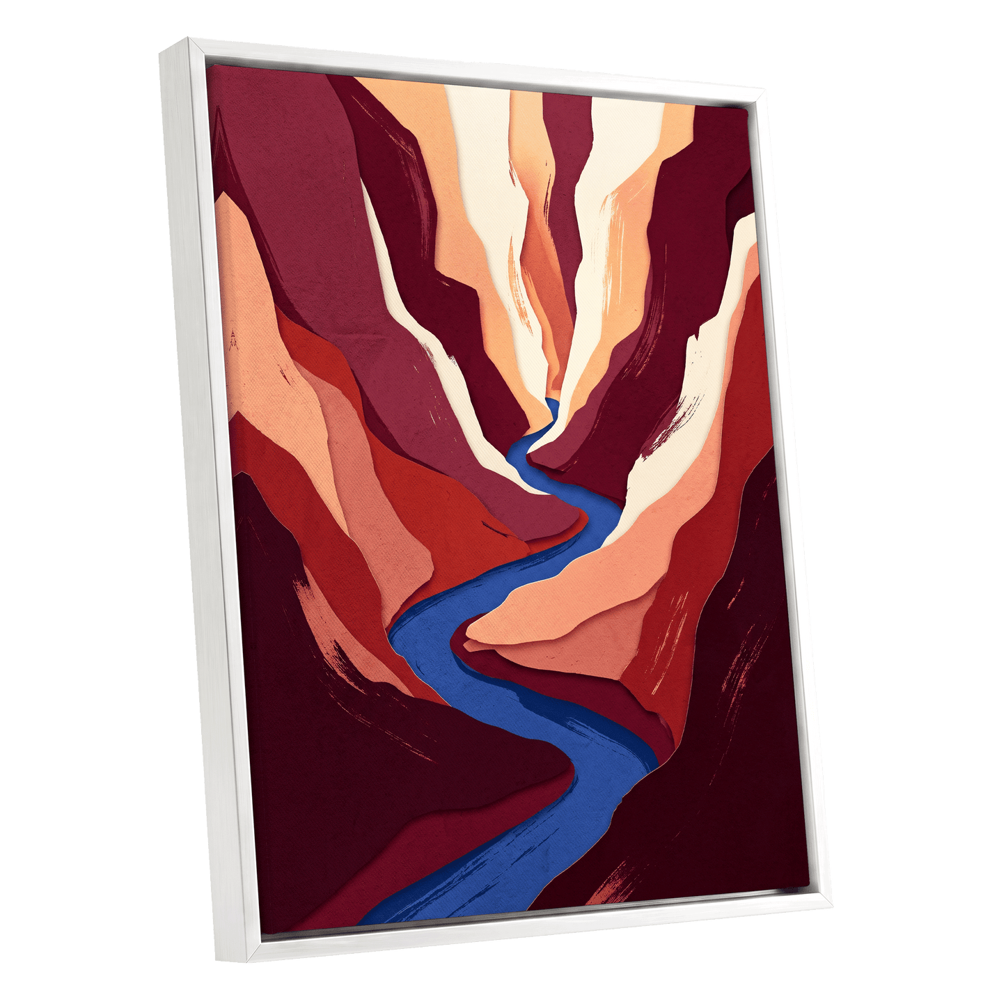 Canyon Current, red, orange, blue nature wall art shown as a white framed canvas wall art