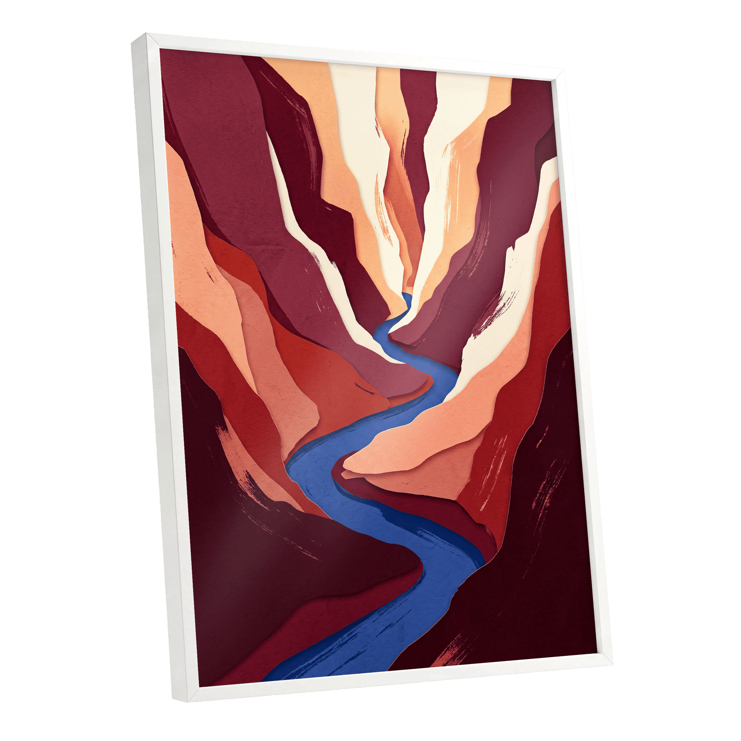 Canyon Current, red, orange, blue nature wall art shown as a white framed poster wall art print