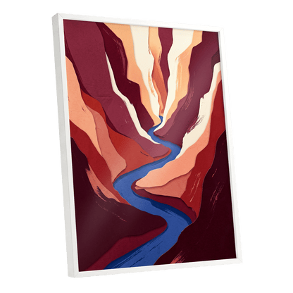 Canyon Current, red, orange, blue nature wall art shown as a white framed poster wall art print