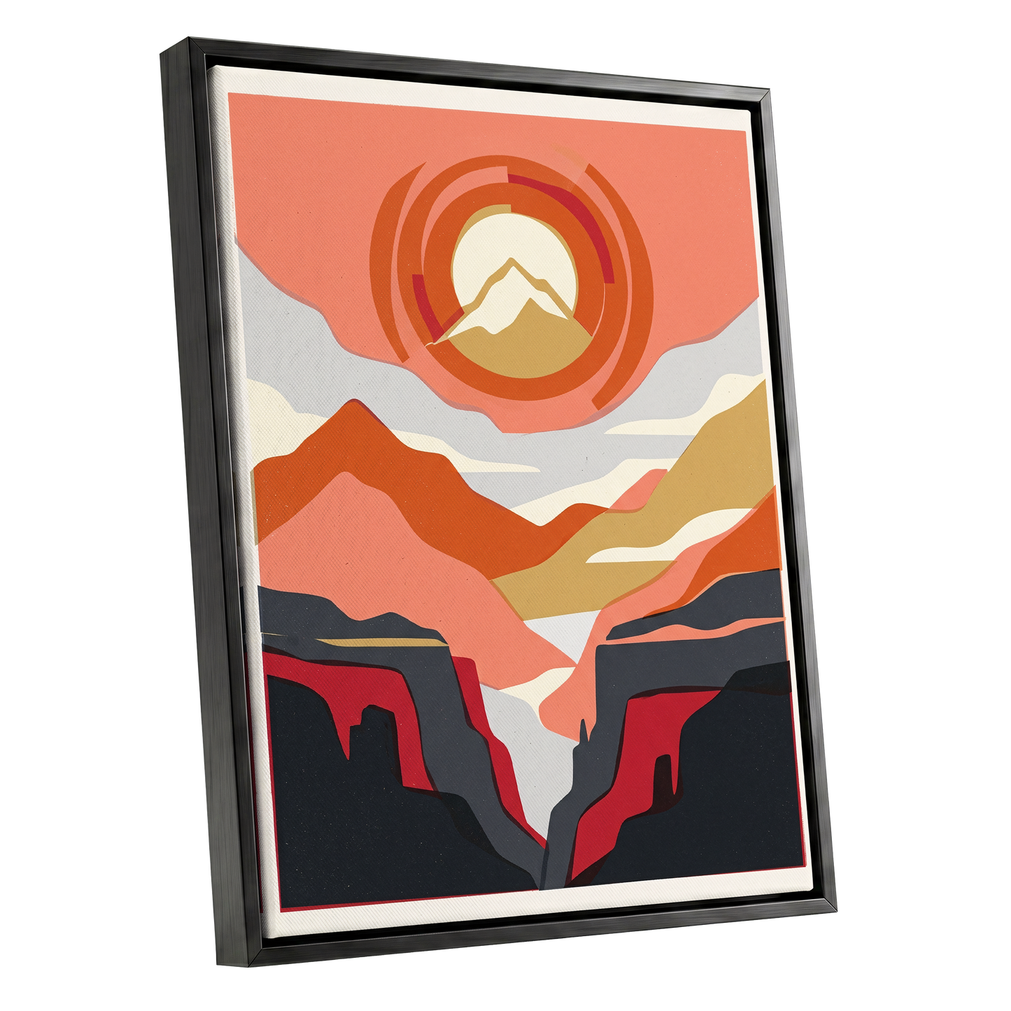 Canyon Sun Rings, orange, pink, black nature wall art shown as a black framed canvas wall art