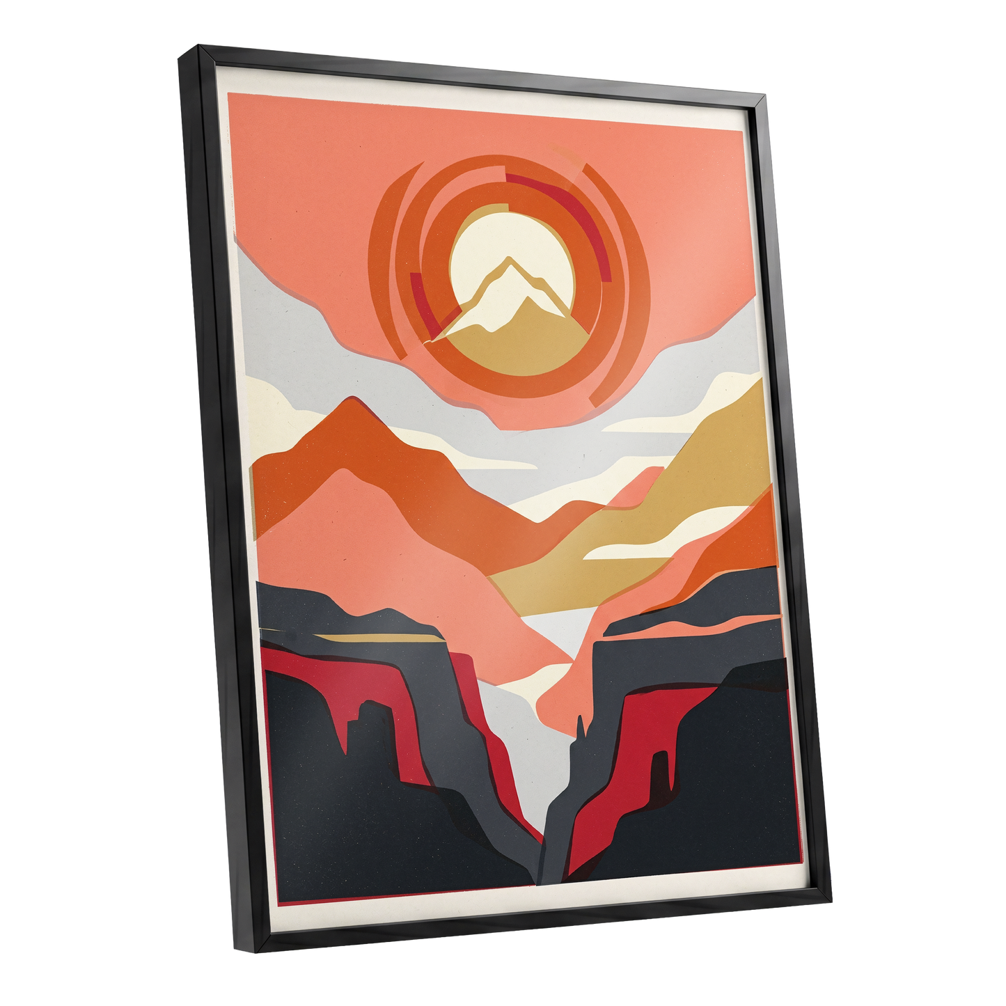 Canyon Sun Rings, orange, pink, black nature wall art shown as a black framed poster wall art print