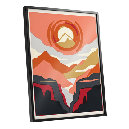 Canyon Sun Rings, orange, pink, black nature wall art shown as a black framed poster wall art print