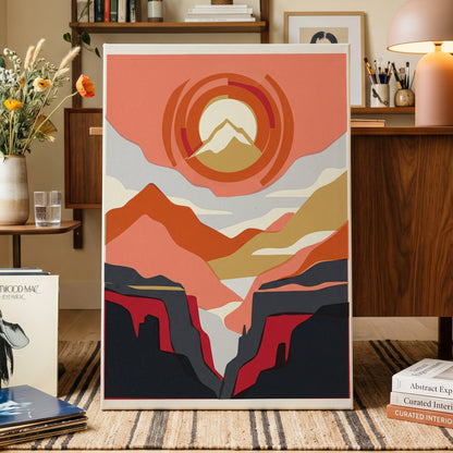 Canyon Sun Rings, orange, pink, black nature wall art on canvas displayed in a styled interior, gallery view 1