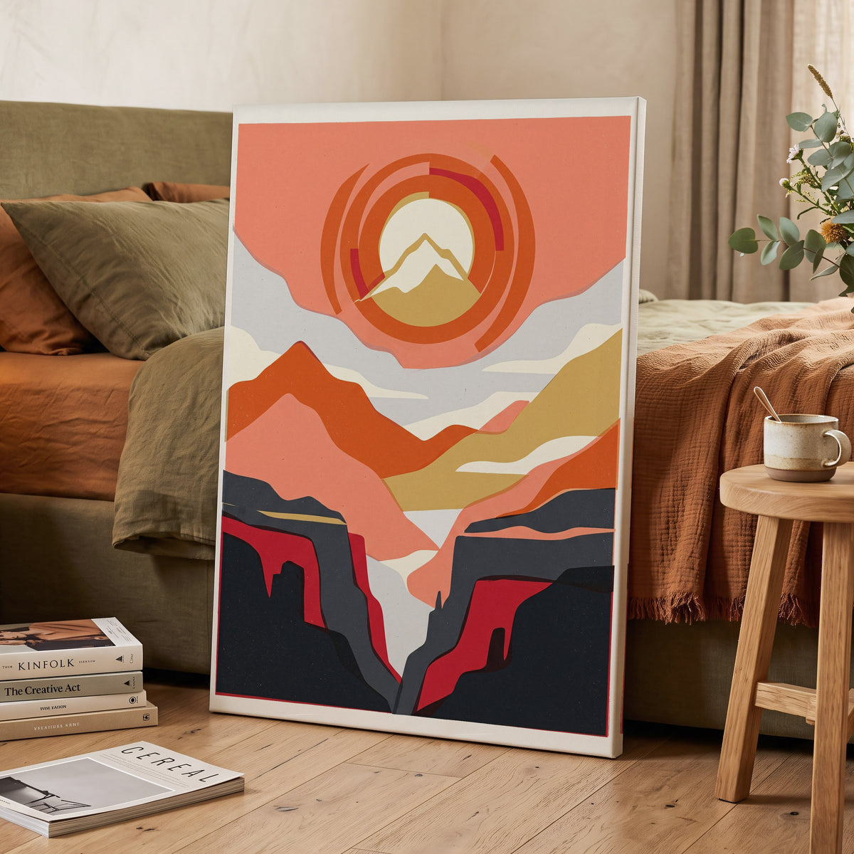 Canyon Sun Rings, orange, pink, black nature wall art on canvas displayed in a styled interior, gallery view 2