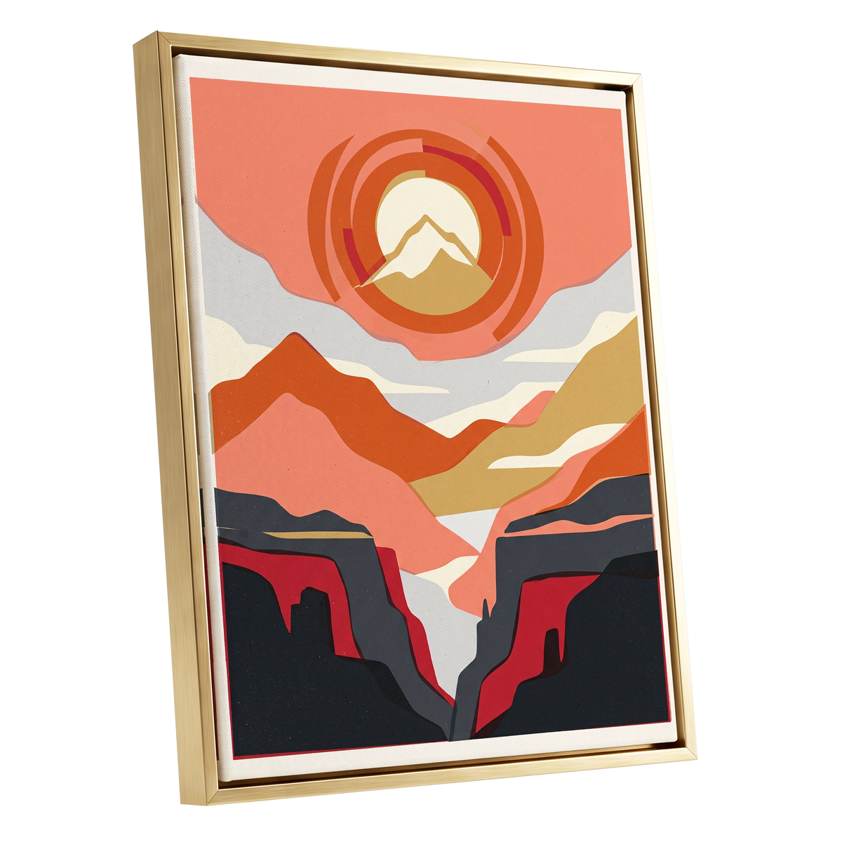 Canyon Sun Rings, orange, pink, black nature wall art shown as a gold framed canvas wall art