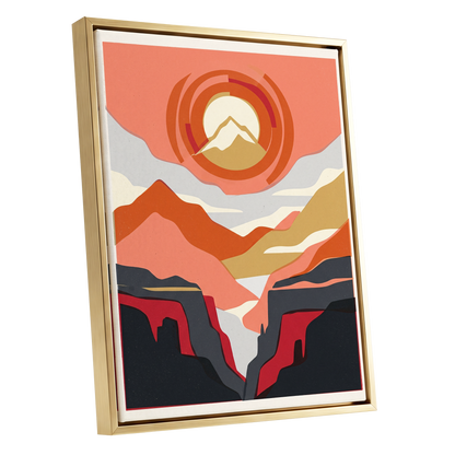 Canyon Sun Rings, orange, pink, black nature wall art shown as a gold framed canvas wall art