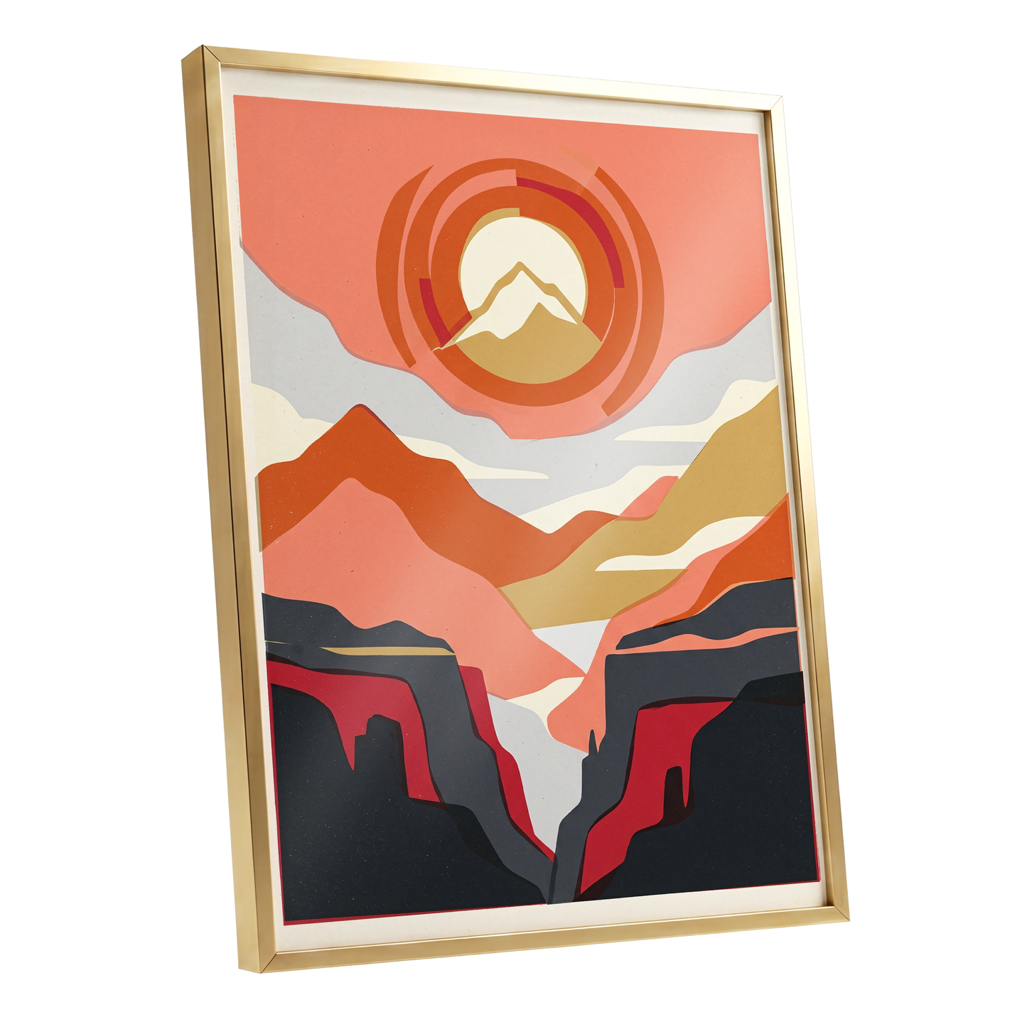 Canyon Sun Rings, orange, pink, black nature wall art shown as a gold framed poster wall art print