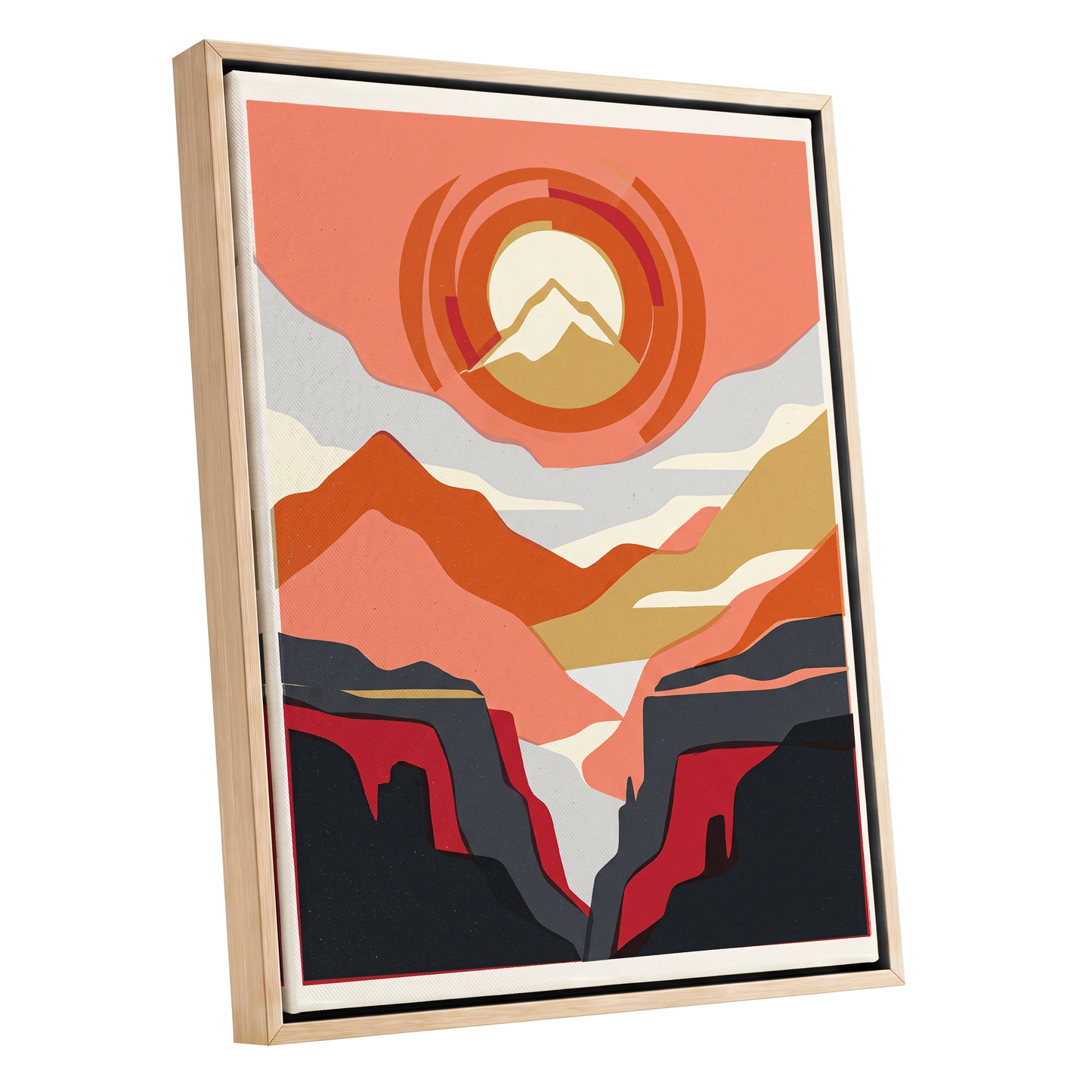 Canyon Sun Rings, orange, pink, black nature wall art shown as a oak framed canvas wall art