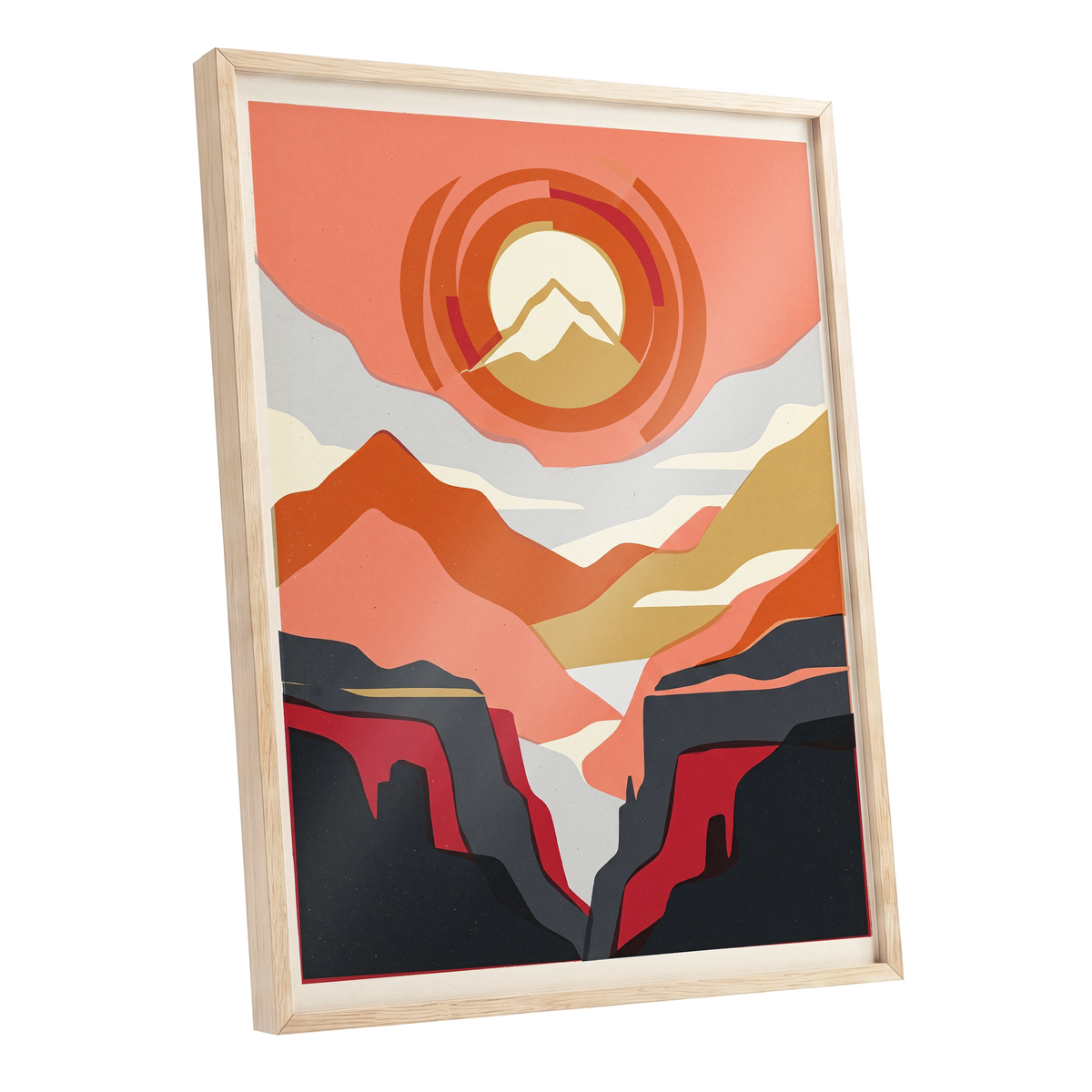 Canyon Sun Rings, orange, pink, black nature wall art shown as a oak framed poster wall art print