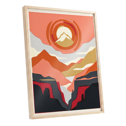 Canyon Sun Rings, orange, pink, black nature wall art shown as a oak framed poster wall art print