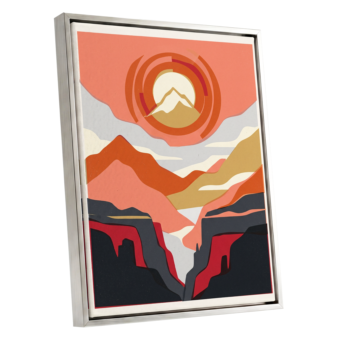 Canyon Sun Rings, orange, pink, black nature wall art shown as a silver framed canvas wall art
