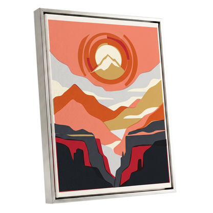 Canyon Sun Rings, orange, pink, black nature wall art shown as a silver framed canvas wall art