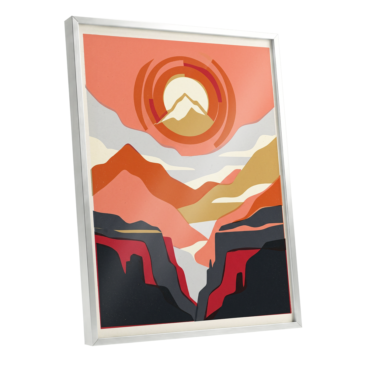 Canyon Sun Rings, orange, pink, black nature wall art shown as a silver framed poster wall art print