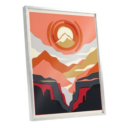 Canyon Sun Rings, orange, pink, black nature wall art shown as a silver framed poster wall art print