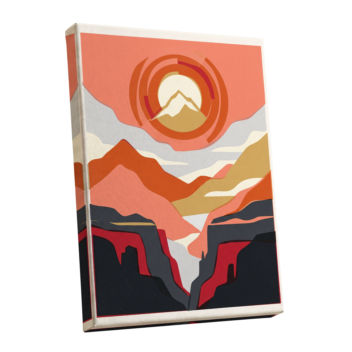 Canyon Sun Rings, orange, pink, black nature wall art shown as a stretched canvas wall art