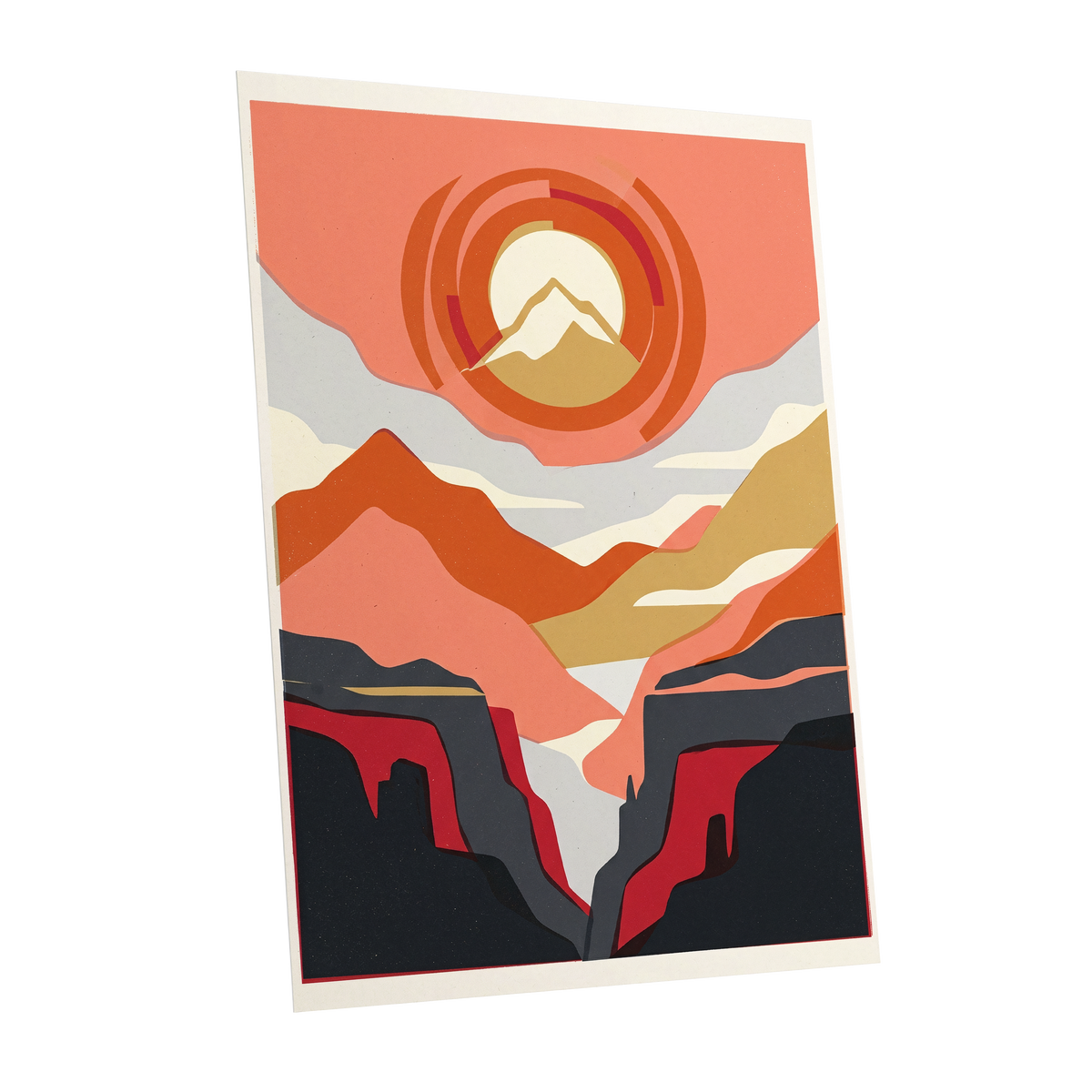 Canyon Sun Rings, orange, pink, black nature wall art shown as a unframed poster wall art print