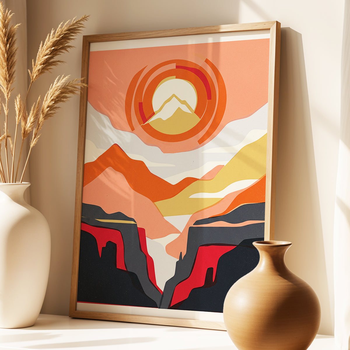 Canyon Sun Rings, orange, pink, black nature wall art displayed in a styled interior, gallery view 1