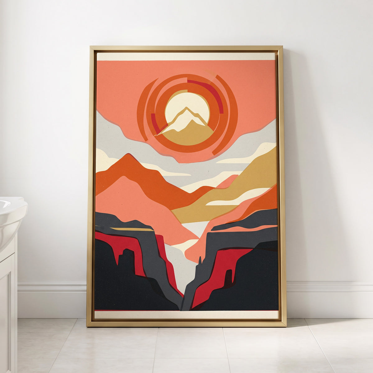 Canyon Sun Rings, orange, pink, black nature wall art displayed in a styled interior, gallery view 2