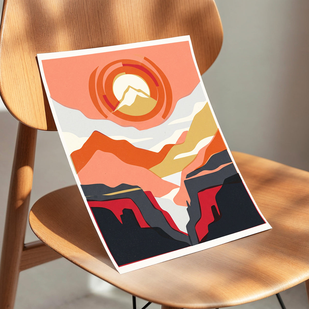 Canyon Sun Rings, orange, pink, black nature wall art displayed in a styled interior, gallery view 3