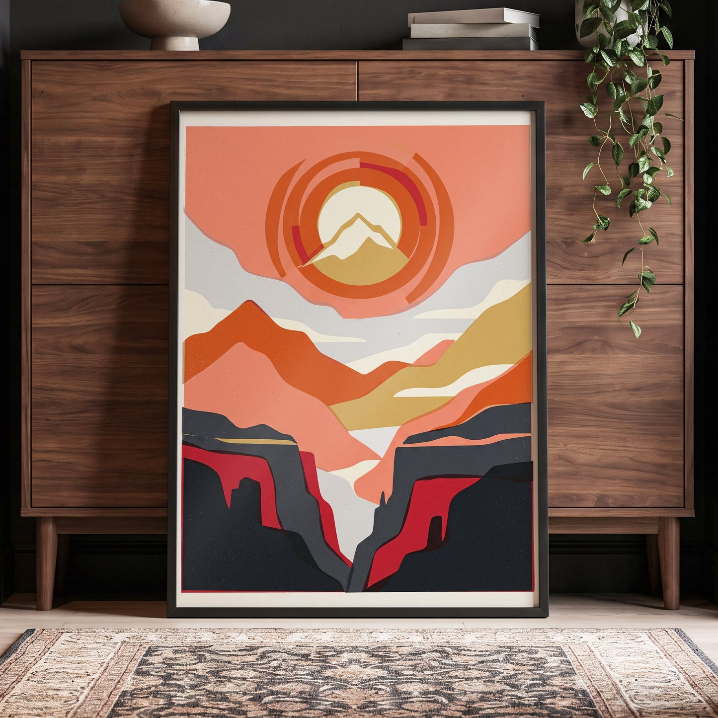 Canyon Sun Rings, orange, pink, black nature wall art displayed in a styled interior, gallery view 4