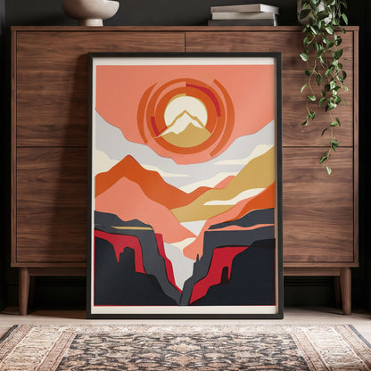 Canyon Sun Rings, orange, pink, black nature wall art displayed in a styled interior, gallery view 4