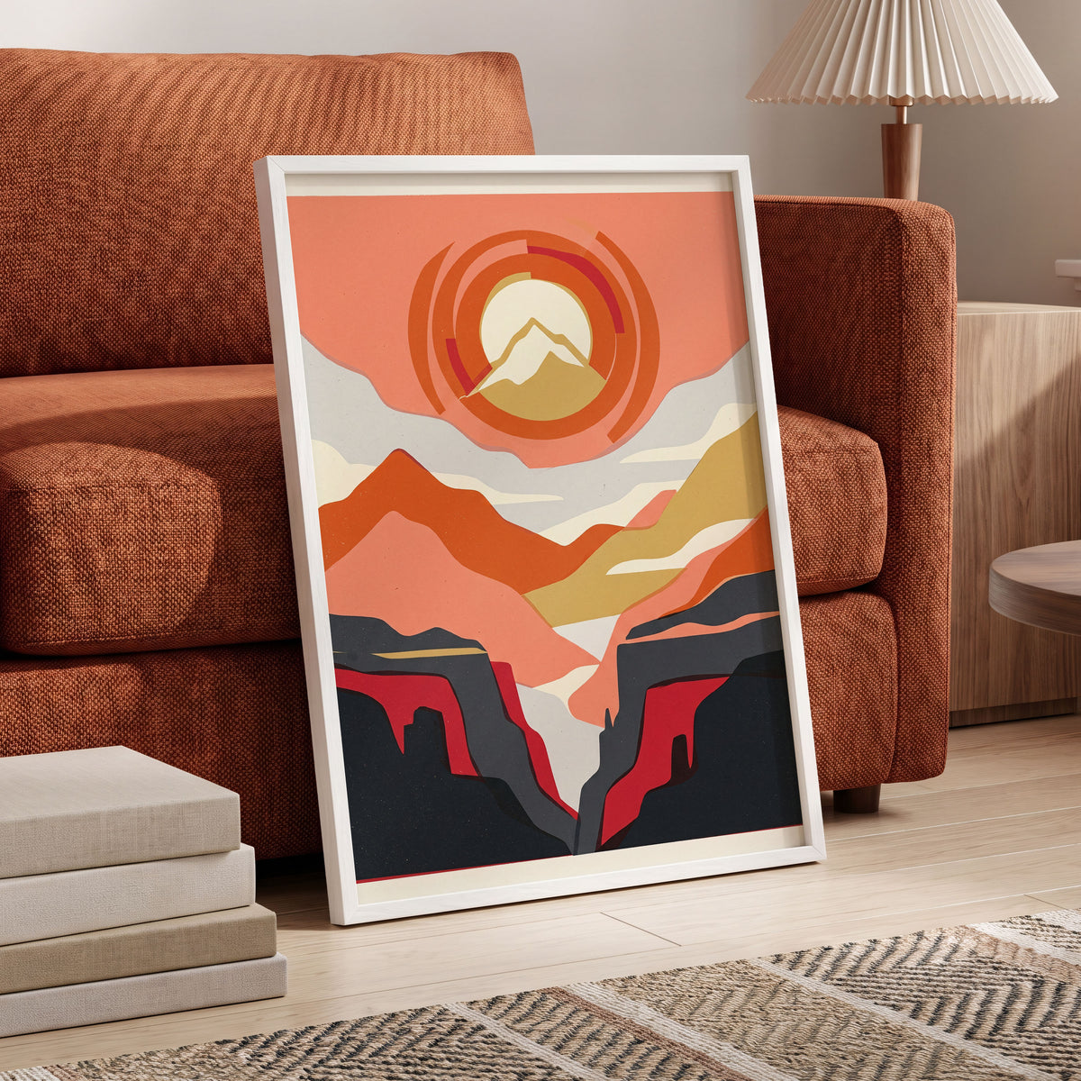 Canyon Sun Rings, orange, pink, black nature wall art displayed in a styled interior, gallery view 5