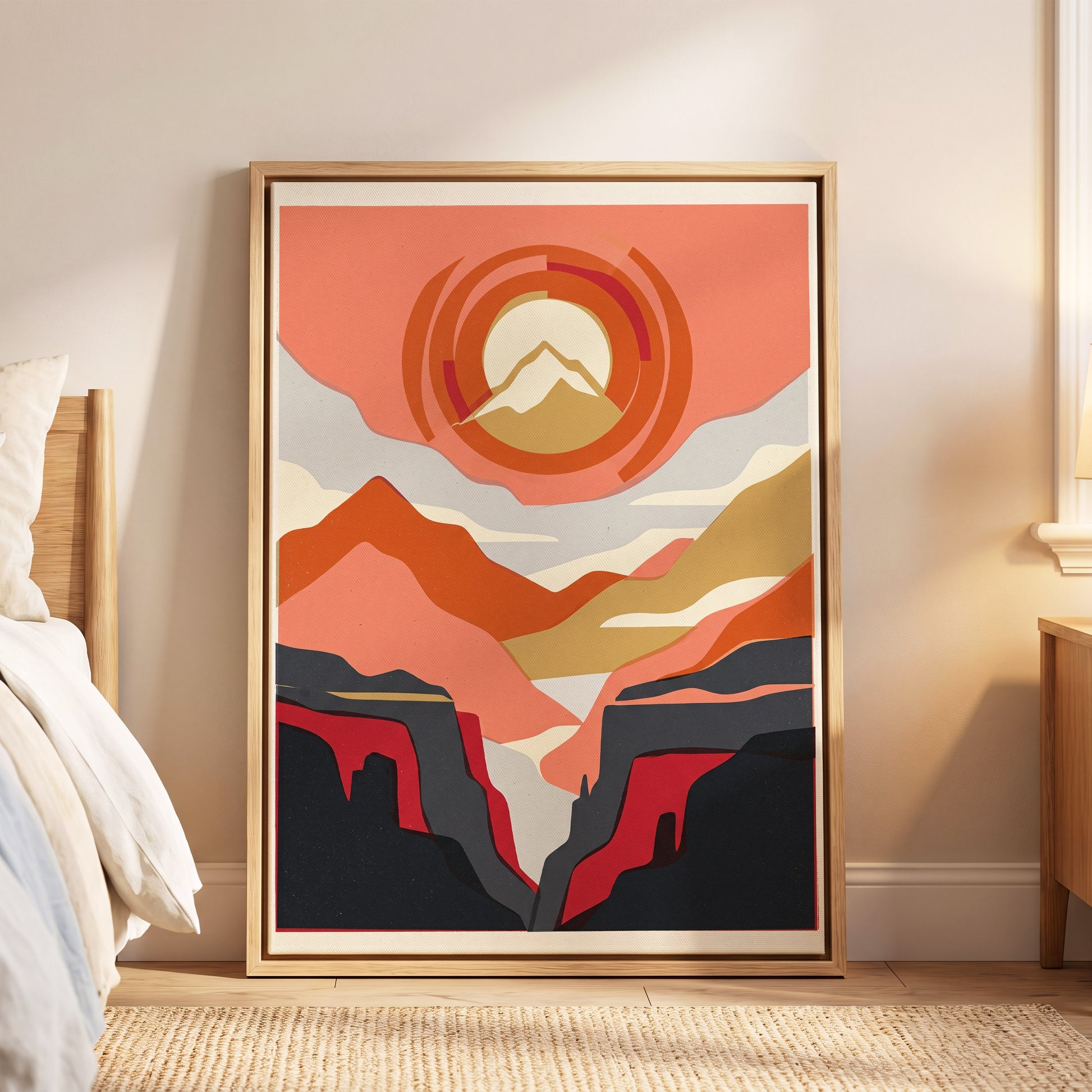 Canyon Sun Rings, orange, pink, black nature wall art displayed in a styled interior, gallery view 6