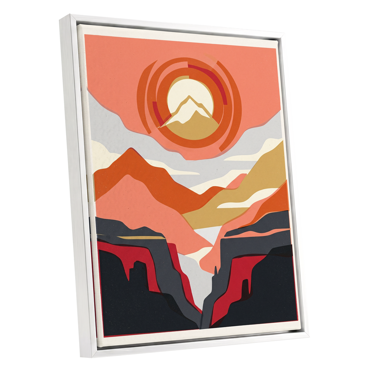 Canyon Sun Rings, orange, pink, black nature wall art shown as a white framed canvas wall art