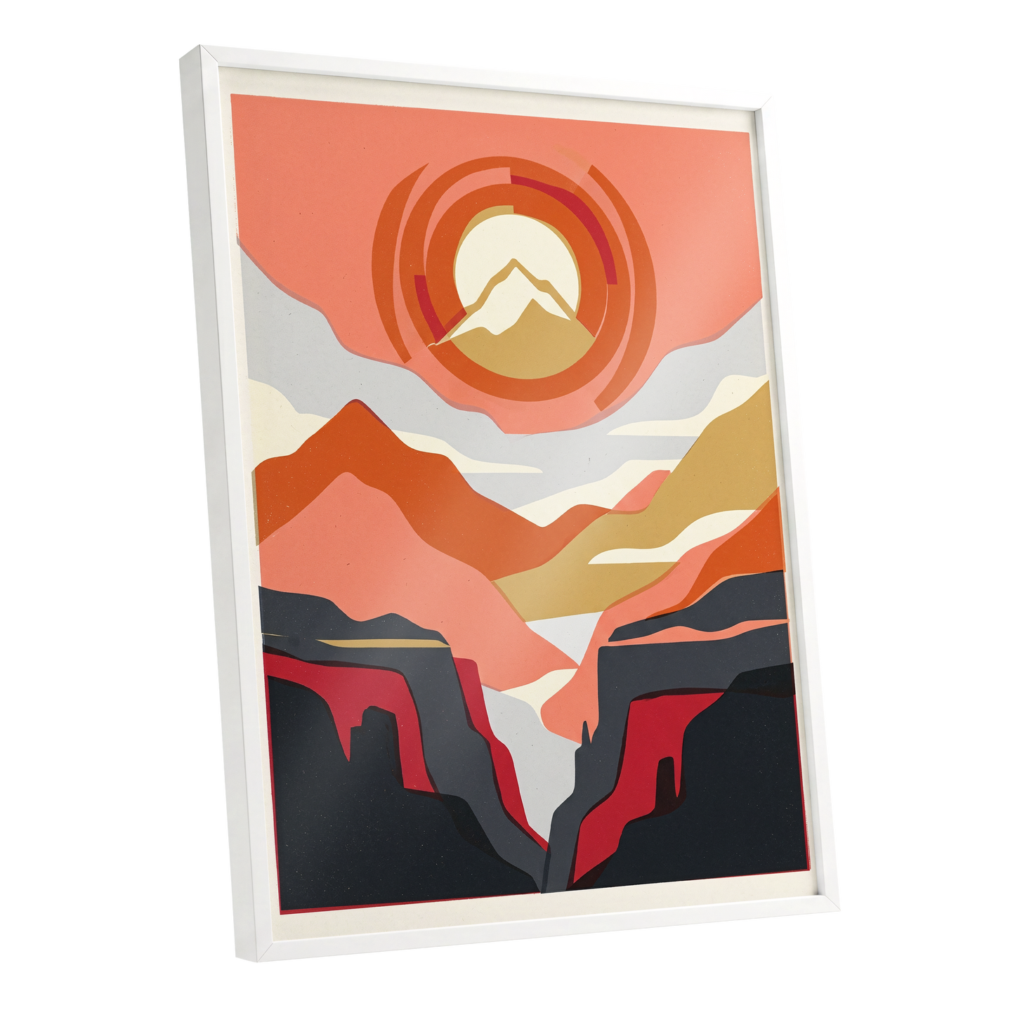 Canyon Sun Rings, orange, pink, black nature wall art shown as a white framed poster wall art print