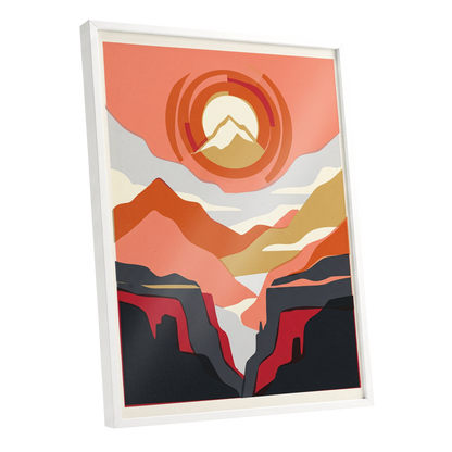 Canyon Sun Rings, orange, pink, black nature wall art shown as a white framed poster wall art print
