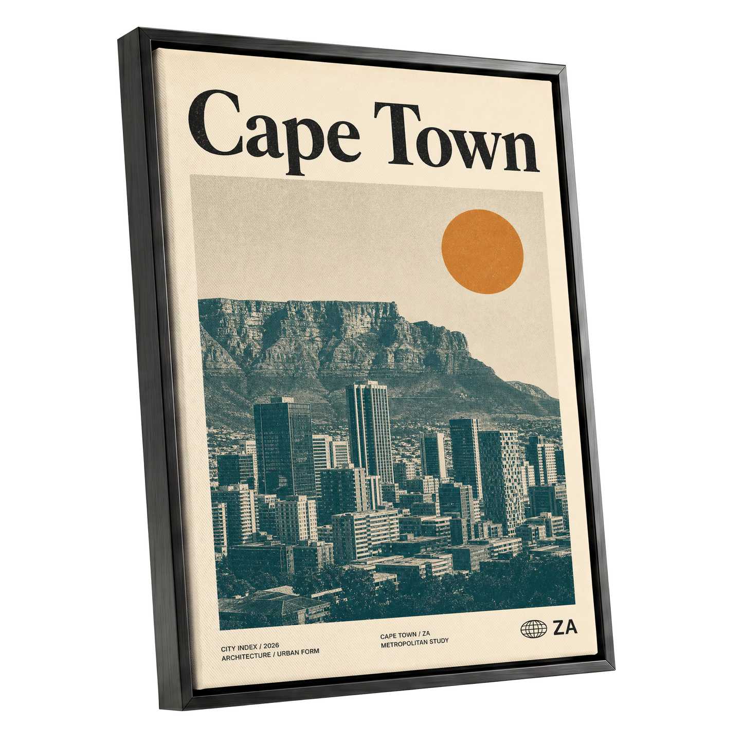 Cape Town Modernist, beige, green, orange minimalist wall art shown as a black framed canvas wall art