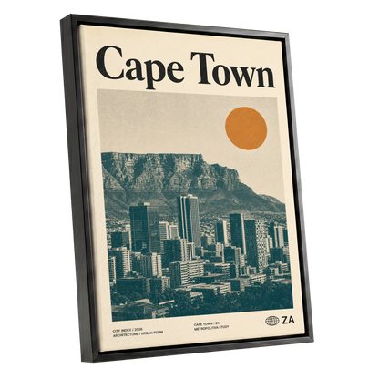 Cape Town Modernist, beige, green, orange minimalist wall art shown as a black framed canvas wall art